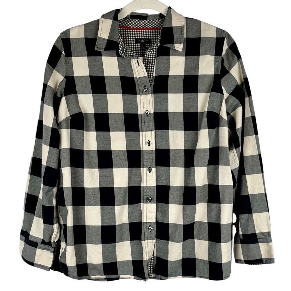 Talbots Petites Black White Buffalo Plaid Button Up MP